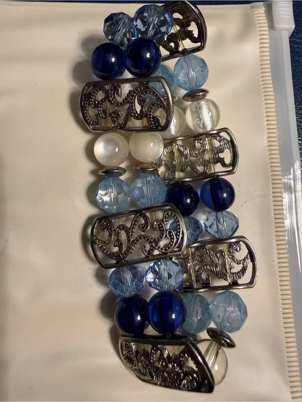Blue and Silver Beaded Stretch Bracelet